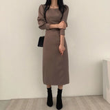 Women Chic Square Collar Dress OL Ladies Puff Long Sleeve Slim Waist Vestdios Female Lace-Up