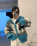 Deer Jacquard Hooded Knitting Zipper Cardigan- Outfit