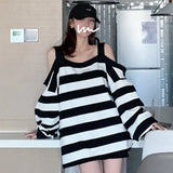 Striped Sweatshirt Women Harajuku Gothic Hoodie Clothes Cotton Korean Long Sleeve Off Shoulder Kawaii Tops Oversize