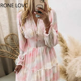 Women Chic Deep V neck Lantern Sleeve button Corse Ruffle Hem Chiffon Mini Sexy