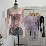 Lace Splicing Long-Sleeved T-Shirt Women's Bow Strap Hollow Irregular Blouse
