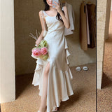 2022 Summer Women Long Satin Dress Sleeveless Sexy Backless Green Silk Slit Ruffle Maxi Beach