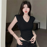 Chic Thai Design V-Neck Shoulder Short Sleeve T-Shirt Women's Curved Under The Hem To Slim Short