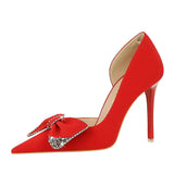 Zingj Korean Version Of Fashion High Heels With Super High Heel Shallow Mouth Tip Side Hollow Water Diamond Bow Single