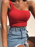Women Lady Female One Shoulder Crop Tops Sleeveless T-Shirt Tank Tops Summer Beach Vest Bare Midriff Summer Fashion