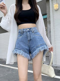 Summer 2022 Thin Frayed Pink Denim Shorts Women Tassel Hot