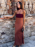 Patchwork Chest Wrapped Ribbon Long Dress Women Sexy Off Shoulder Side Split Bodycon Robe Summer New Lady Street