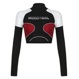 Locomotive Wind Impact Color Letter Splicing High-Collar Ultra-Short Spicy Girl Navel Tight Long-Sleeved T-Shirt 2024 New