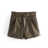 Spring Style Pleated Leather Solid Color Fashion Trendy Shorts