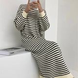 And Winter New Large Size Long Sweater Dress Women Loose Striped Knitted Sweater Korea Style Casual Knit Dresses