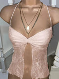 Lace Pleated Slit Cami Top-Outfit