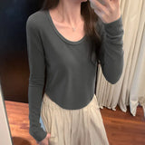U-Collar Long-Sleeved T-Shirt Women's New Autumn Design Sense Of Niche Slim Bottomed