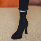 Zingj New 2024 Autumn And Winter Female Frosted Elastic High Heel Thick Heel Square Head Waterproof Platform Package Leg Thin Boots Ankle Boots High