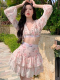 Summer Sweet Two Piece Set Sexy Backless Shirt Crop Top + Cake Skirt Suits Floral Chiffon Boho Beach Outfits For