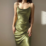 Women Satin Split Dress 2022 Summer Spaghetti Strap Backless Long Dresses Elegant Bodycon Party Dresses Vestidos De