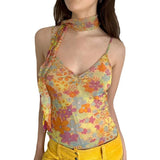 Zingj Wind Sexy Hot Girl Floral Tie Base Sling V Collar Pleated Show Chest Slim