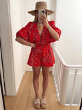 Women Red And Black Paisley Puff Sleeves Deep V-neck Jumpsuit Shorts Causal Female Elastic Waistband Vacation