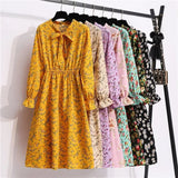Summer Dress Women Lady Korean Style Vintage Floral Printed Cotton-Chiffon Shirt Dress Long Sleeve Bow Midi Dress
