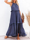 Casual Long Dress Women Summer Female Ruffle Pullover Beach Dresses Ladies Elegant Sleeveless Hollow Tie-Up Party