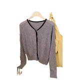 Gentle Little Gold Bean Buckle Hit Color V-Collar Knitted Cardigan Women's Spring Leisure Outfit Shows Thin Korean Style