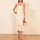 For Women Elegant Vintage Floral Dress Frill Sweetheart Neck Sleeveless Strap Tie Ruffle Hem Summer Beach