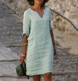 Cotton Linen Small V-neck Stitching Retro Basic Model Solid Color Three-quarter Sleeve