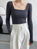 square-neck t-shirt women's slim-fit exposed collarbone low-neck short top bottoming