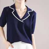 New Knitted Tees Short-sleeved Women's Lapel Pullover Vest Casual Color Contrast Tops Female Sweater Jacket