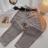 Straight Jeans Women with Belt Vintage Basic Blue Ankle-length Denim Pants Plus Size Boyfriend Gray Jeans