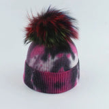 New Fashion Winter Thicken Knitted Hats Warm Real Racoon Fur Pompom Unisex Beanie Tie-dyed Cap Adults Head