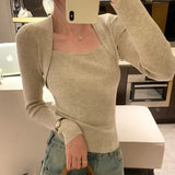 Retro Style Pure Desire Square Collar Slim Long-Sleeved Pullover Sweater With Sexy Bottom In Autumn And