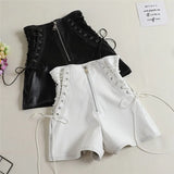 Women PU Shorts Tie High Waist Shorts Female Casual Black Shorts Ladies All Match Wide leg Shorts Short Pants