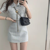 Women Summer Two 2 Piece Set Korean Style Elegant Single Breasted Tassle Short Sleeve Tops And High Waist Bodycon Mini