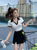 Girl Sports Suit Women's Turn-down Collar Casual Color Matching V-neck Top Split Shorts Two-piece Set Fashion Female