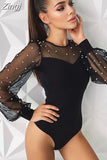 Pearl Mesh Puff Sleeve Bodysuit Women Tops See Through Skinny Bodycon Body Suit Rompers Basic Black Sexy