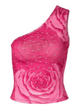 Sequin One Shoulder Floral Crop Tank Top-Outfit