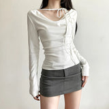 Solid Collar Neck Tie Long Sleeve Knitted TeeOutfit