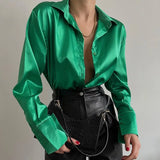 Long Sleeve Blouses Women Tops 2023 Vintage Blue Green Silk Shirt Casual Loose Button Up Female Shirts Fashion Tops