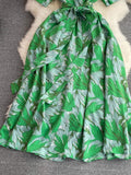 Green/Yellow/Red Printed Midi Dress Vintage V-Neck Short Sleeve High Waist A-Line Casual Vestidos Elegant Female