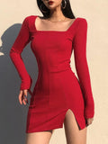 Black Knitted Ribbed Midi Dresses For Women V Neck Elegant Korean Clothes Long Sleeve Ruffles Bodycon Dresses