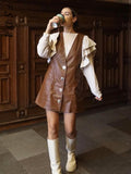 V Neck PU Leather Party Dress Women Sleeveless Autumn Winter 2021 Brown Mini Y2K Green A Line Sexy Elegant Dresses