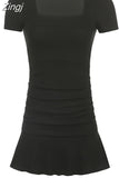 Korean Fashion Square Neck Bodycon Short Sleeve Black Dress Female Basic Solid Ruffles Summer Dresses Ruched
