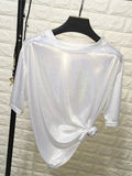 summer retro style stylish bright silk woman tops shiny loose short sleeve t-shirt sexy club aesthetic harajuku women