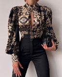 Standing Collar Long Sleeve Lantern Sleeve Backless Hollow Shirt In Spring and Summer Blouse Blouse Women Shirt and