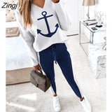 Women Fashion Elegant Casual Boat Anchor Print Long Sleeve Top & Drawstring Waist Pants Set Spring