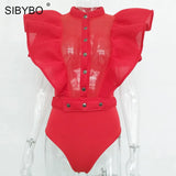 Mesh Black Ruffles Bodysuit Women Summer Sexy Single-breasted Bodycon Overalls Female Short Sleeve Beach Party Bodys