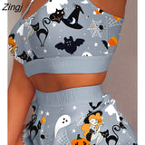 Women Halloween Graphic Print Lettuce Trim Cami Set Autumn Winter Sleeveless Crop Tops Two Piece Suit Homewear Shorts