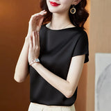 Lady Tops Summer Short Sleeve Blouses Satin Blouse Women Shirts Fashion Simple Solid Plus Size Loose Shirt Blusas