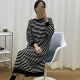 And Winter New Large Size Long Sweater Dress Women Loose Striped Knitted Sweater Korea Style Casual Knit Dresses