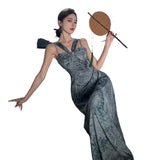 Zingj New Chinese Style Cold Sense Tie-Dye Ink Blue Halter Dress Temperament Shows White Chinese Style And Literary
